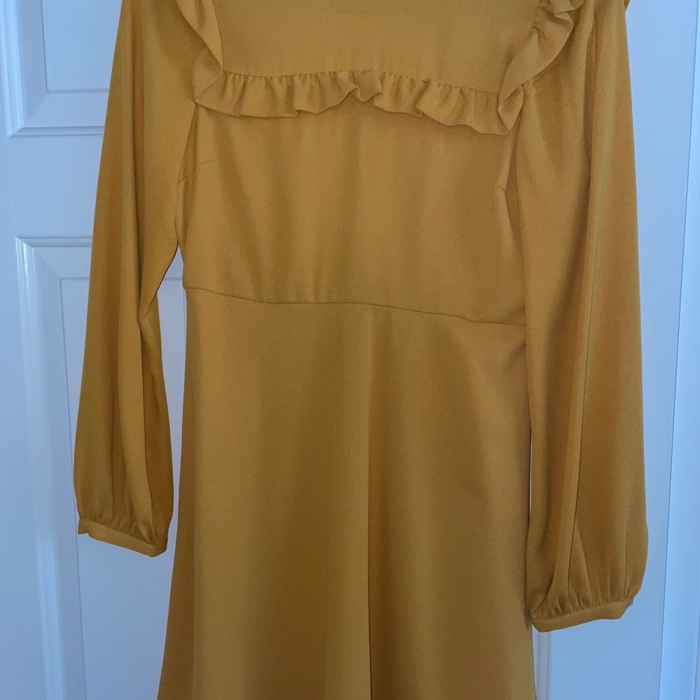 Zara Woman Mustard Yellow Frill Ruffle Long Sleeve A-Line Crepe Dress Small NWT